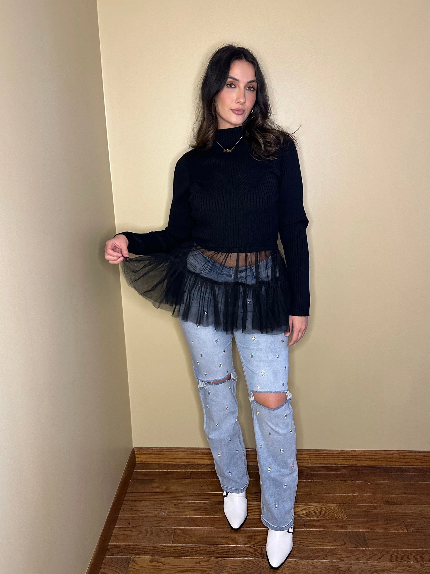 Anything But Basic Tulle Trim Sweater