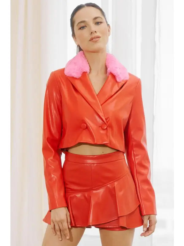 Wifey Material Faux Fur Collared Crop Jacket